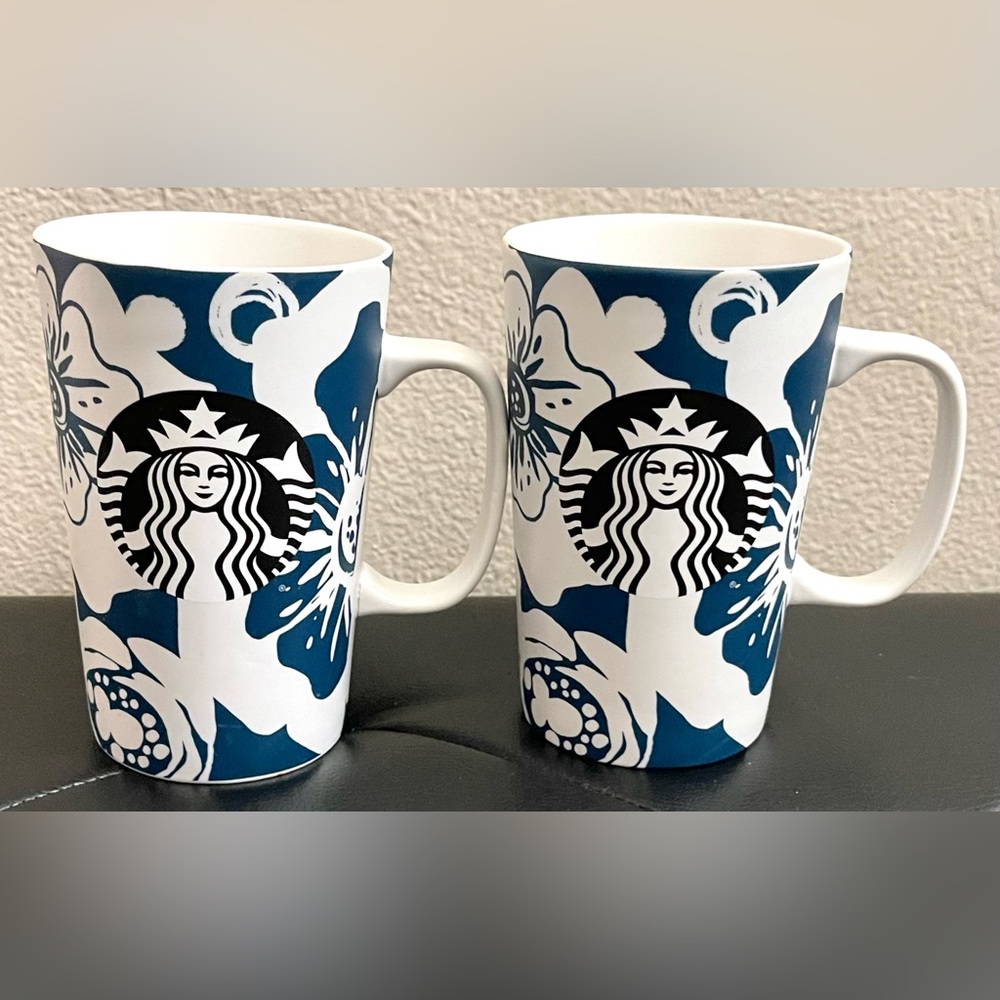 Set Of 2 Starbucks Blue White Aloha Matte Floral Flowers Tall Coffee Mug 16oz
